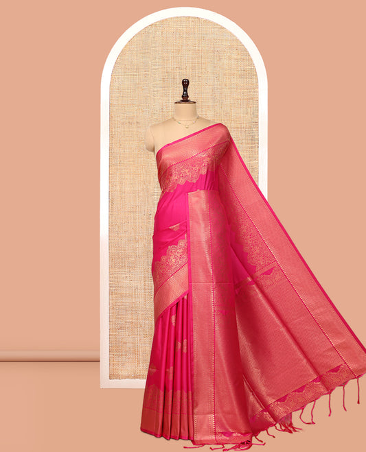 Rani Pink Zari Buttas Soft Silk Saree, Animal Motif Zari Border, Grand Pallu, Matching Blouse