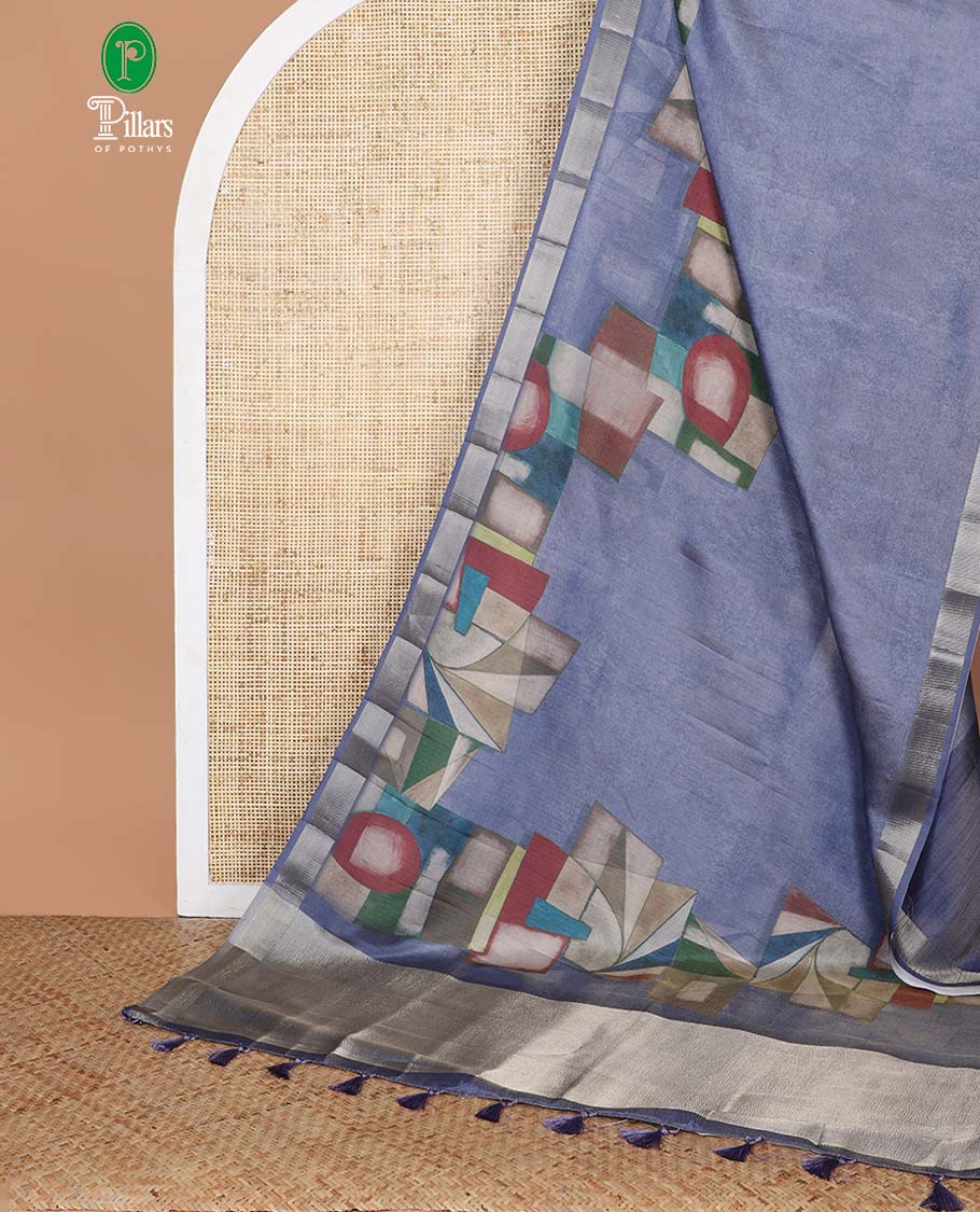 Grey blue geometrical print crush tissue saree with zari border & tissue pallu along with plain blouse
