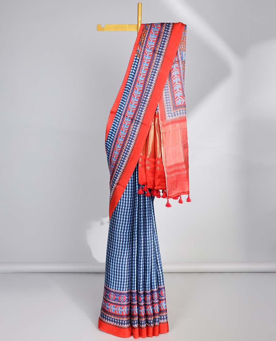 Blue checked design  semi-banaras printed saree with contrast geometric border & animal, geometric design pallu