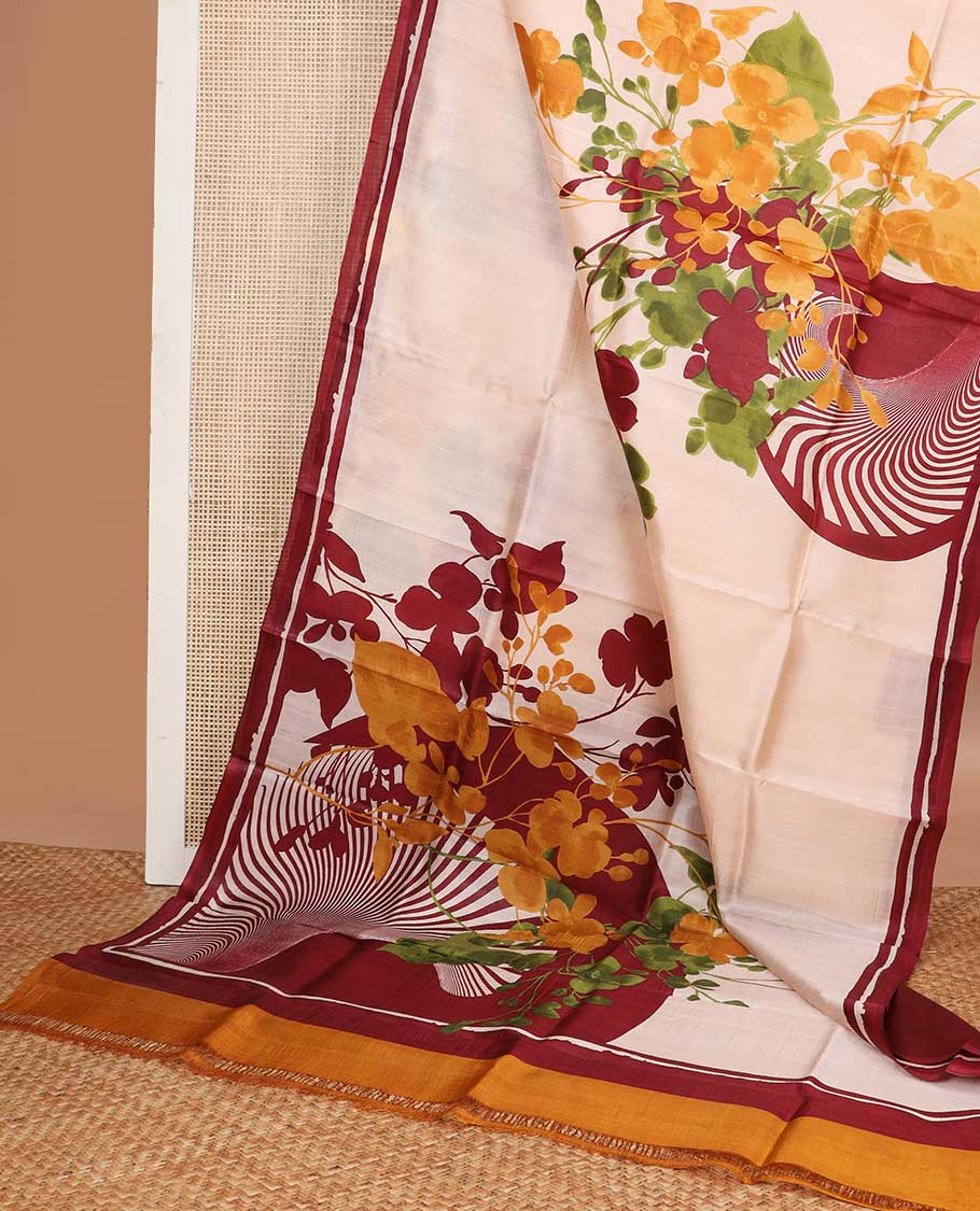 Cream floral design printed silk saree with contrast border