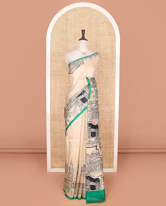 Sandal-base london-orgin places printed saree, self-pallu of london-orgin motifs print