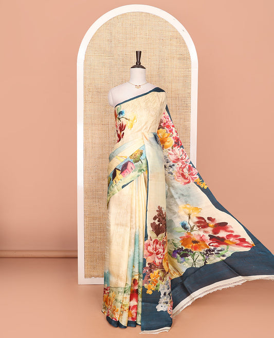 Pale sandal kaleidoscope-colored floral motifs printed saree, contrast plain border, and floral printed pallu