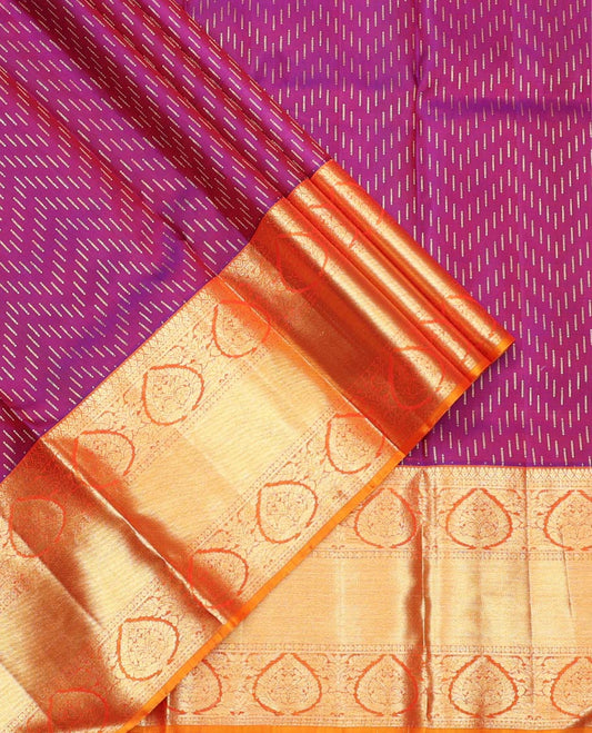 Purple Pure Silk Half-Saree, Mesmerized with Zari Buttas on Its Skirt, Complemented by a Contrast Border Featuring Traditional Zari Designs, Comes with a Contrast Blouse and a Dhavani of Mayil-Chakram Enclosed Checks