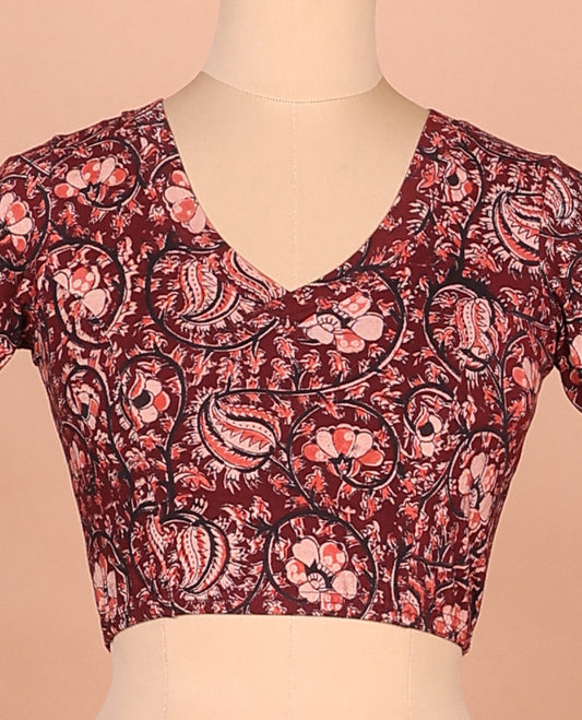 Maroon floral vine printed front and back leaf neck elbow sleeve cotton readymade blouse