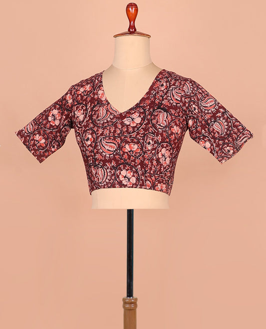 Maroon floral vine printed front and back leaf neck elbow sleeve cotton readymade blouse