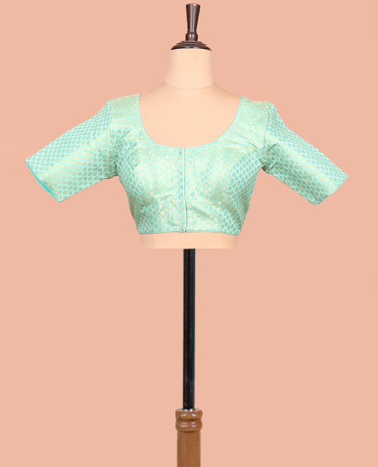 Green Readymade Blouse Featuring Jacquard Design, a Front Round-Neck, Back Round-Neck, and Elbow Sleeves