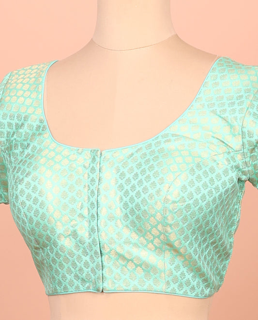 Green Readymade Blouse Featuring Jacquard Design, a Front Round-Neck, Back Round-Neck, and Elbow Sleeves