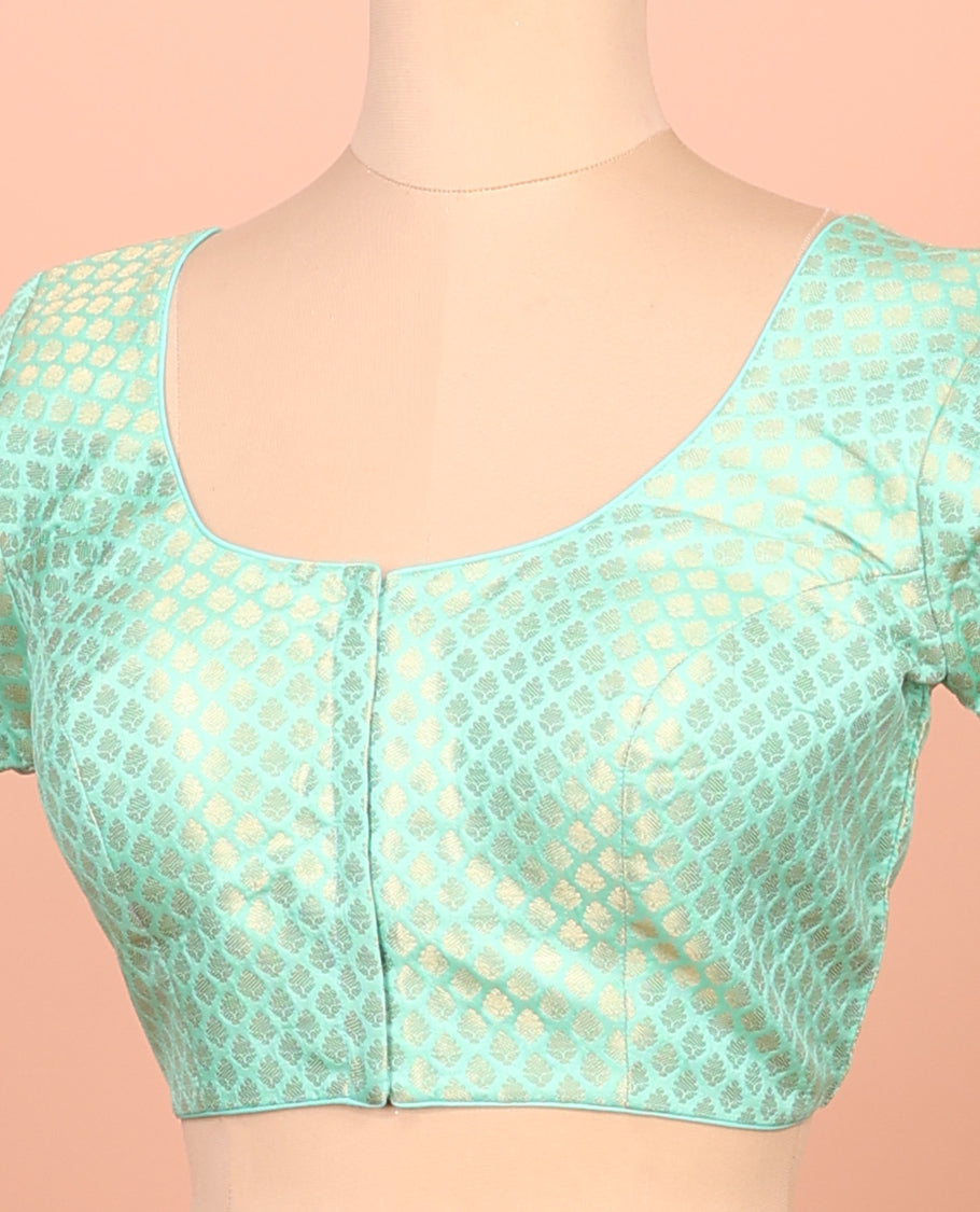 Green Readymade Blouse Featuring Jacquard Design, a Front Round-Neck, Back Round-Neck, and Elbow Sleeves