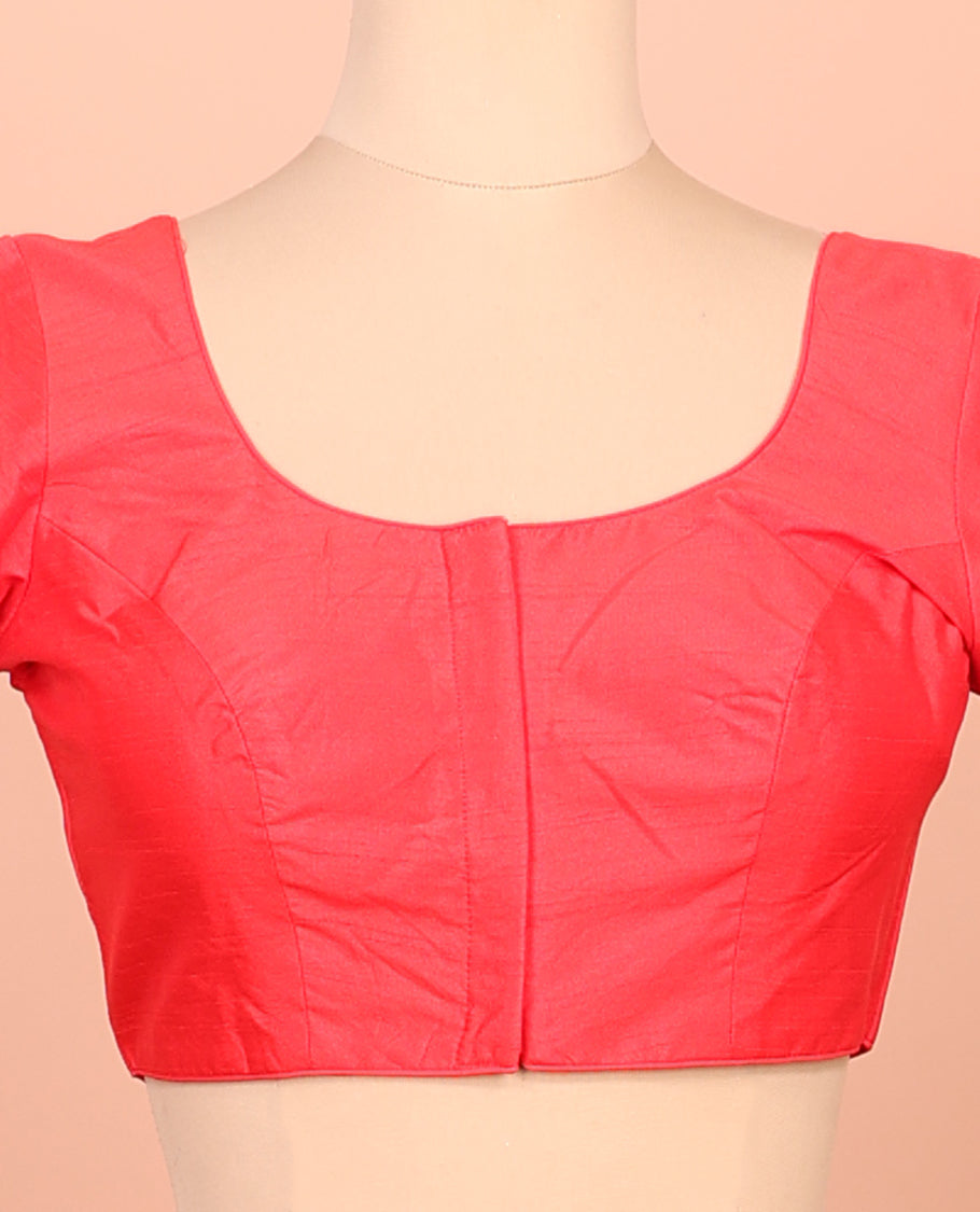 Red Plain Readymade Blouse Featuring a Front Round-Neck, Back Round-Neck, and Elbow Sleeves