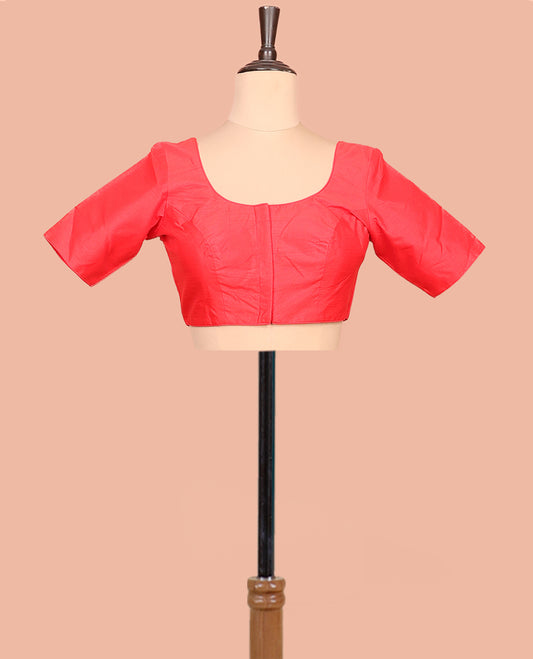 Red Plain Readymade Blouse Featuring a Front Round-Neck, Back Round-Neck, and Elbow Sleeves