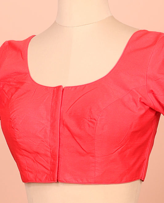 Red Plain Readymade Blouse Featuring a Front Round-Neck, Back Round-Neck, and Elbow Sleeves