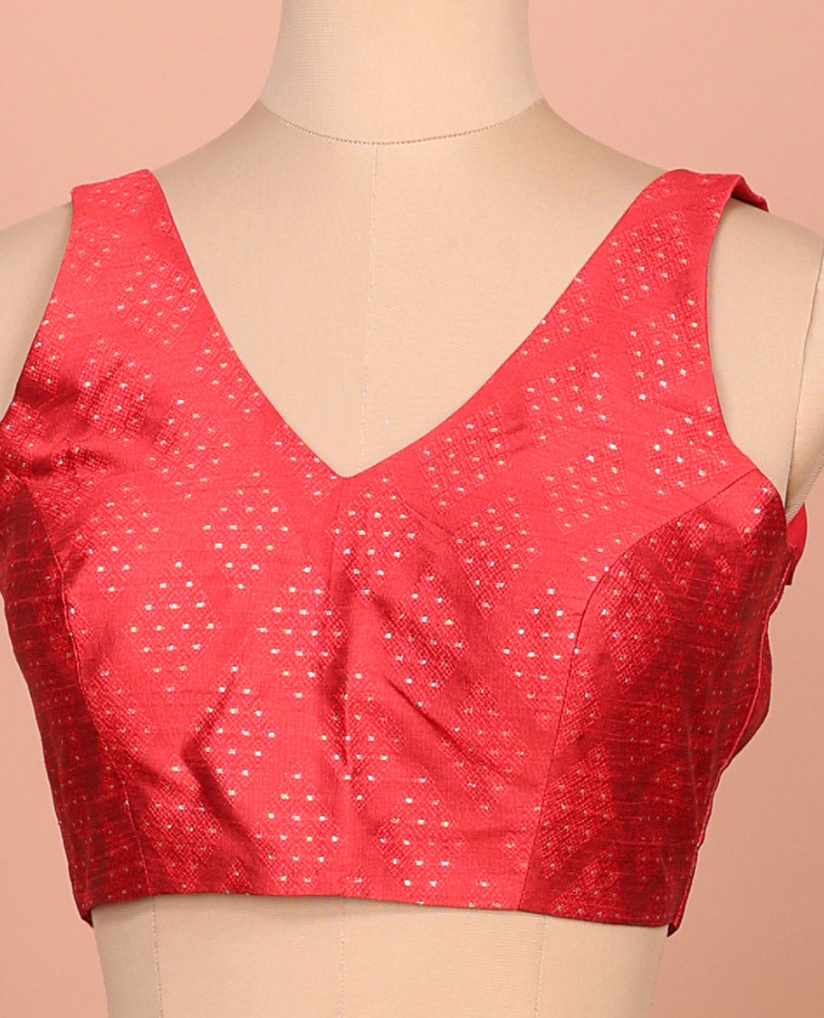 Red diamond buttas front-back V-neck sleeveless readymade blouse