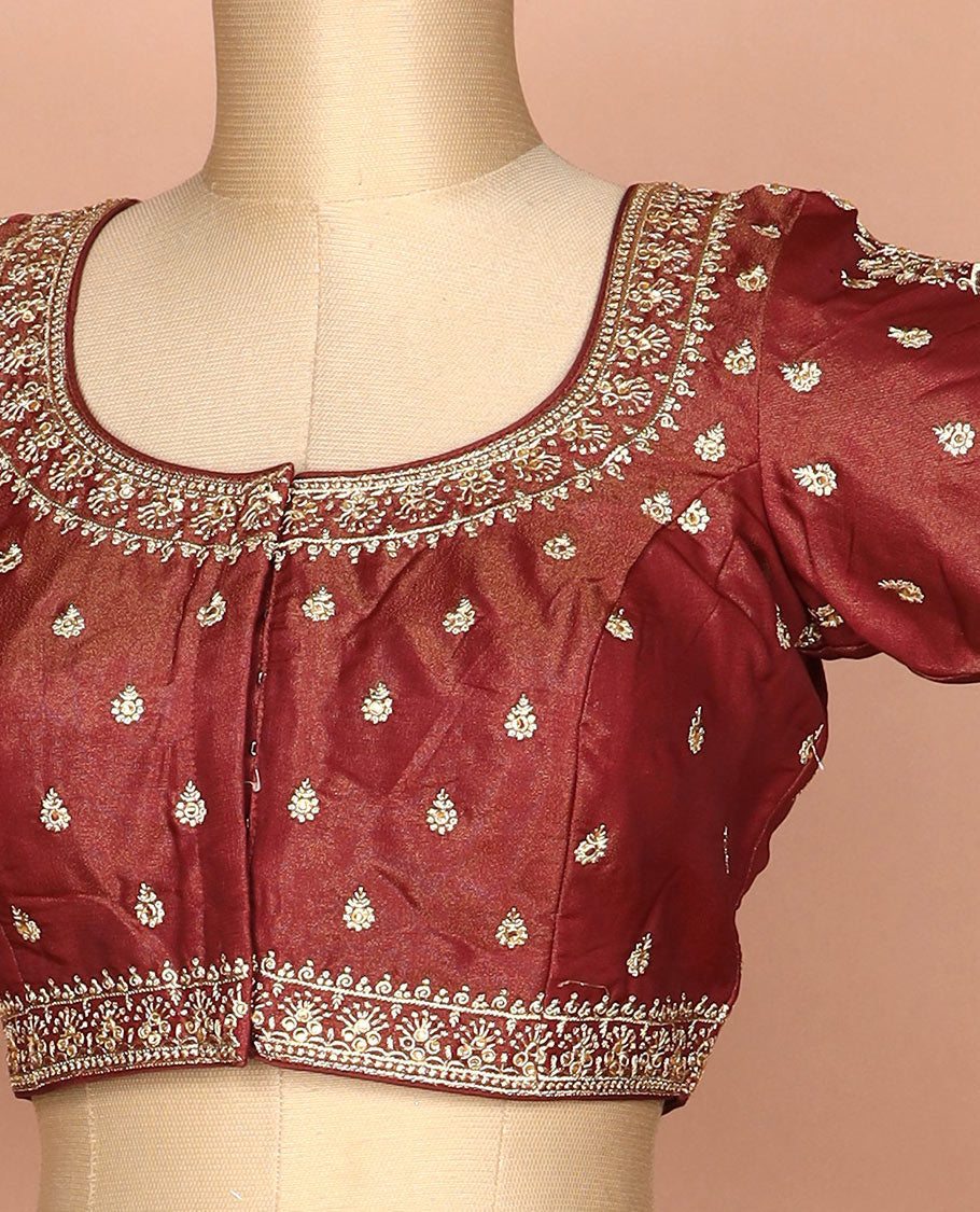 Maroon thread embroidered round neck elbow sleeve raw silk readymade blouse