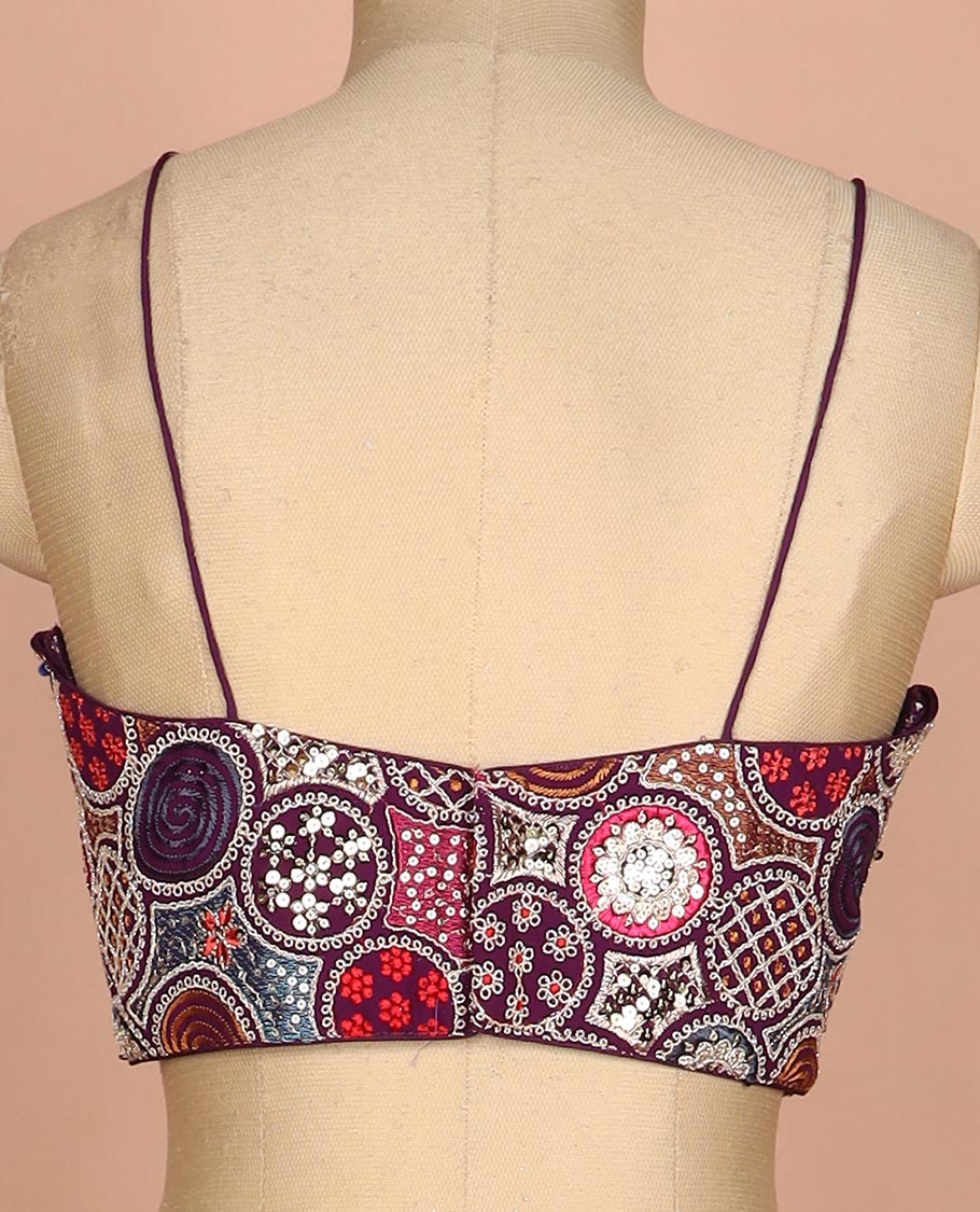 Purple resham thread and sequins embroidered spaghetti sleeve V-neck readymade blouse