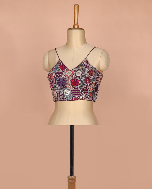 Purple resham thread and sequins embroidered spaghetti sleeve V-neck readymade blouse