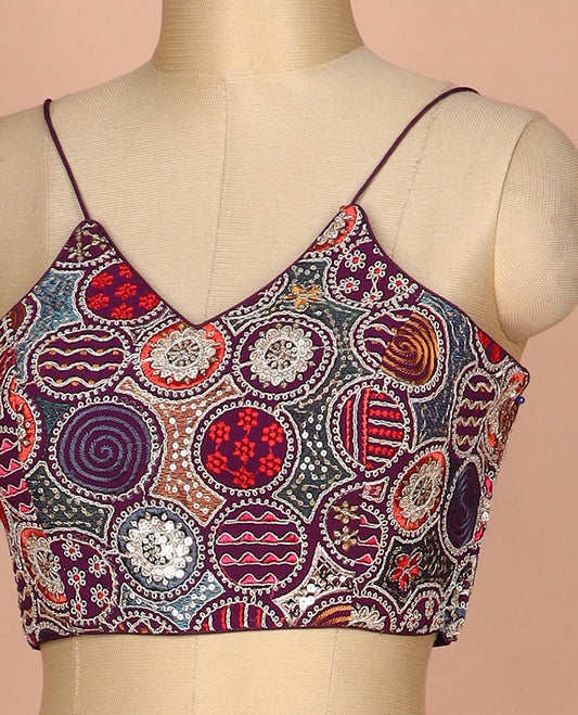 Purple resham thread and sequins embroidered spaghetti sleeve V-neck readymade blouse