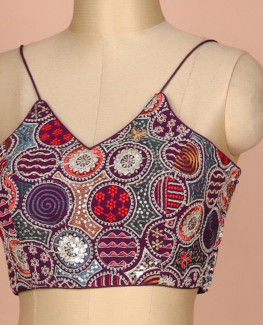 Purple resham thread and sequins embroidered spaghetti sleeve V-neck readymade blouse