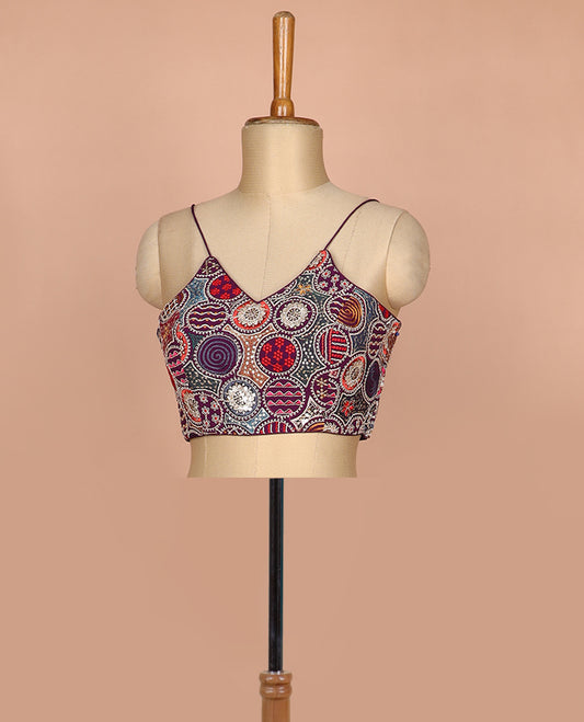 Purple resham thread and sequins embroidered spaghetti sleeve V-neck readymade blouse