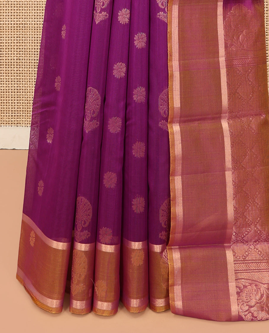 Pink Silk Cotton Saree, Graced with Zari Buttas, a Contrast Zari Motif Border, Grand Pallu, and a Contrast Blouse