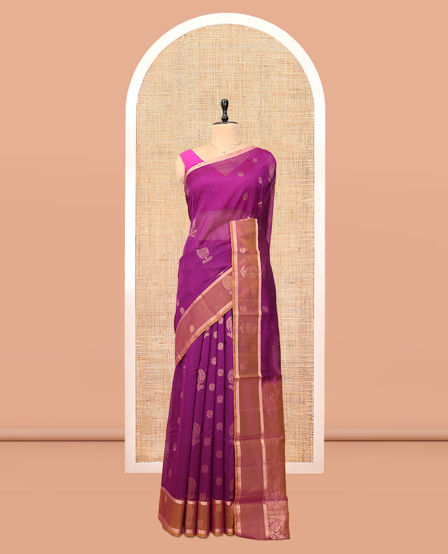 Pink Silk Cotton Saree, Graced with Zari Buttas, a Contrast Zari Motif Border, Grand Pallu, and a Contrast Blouse