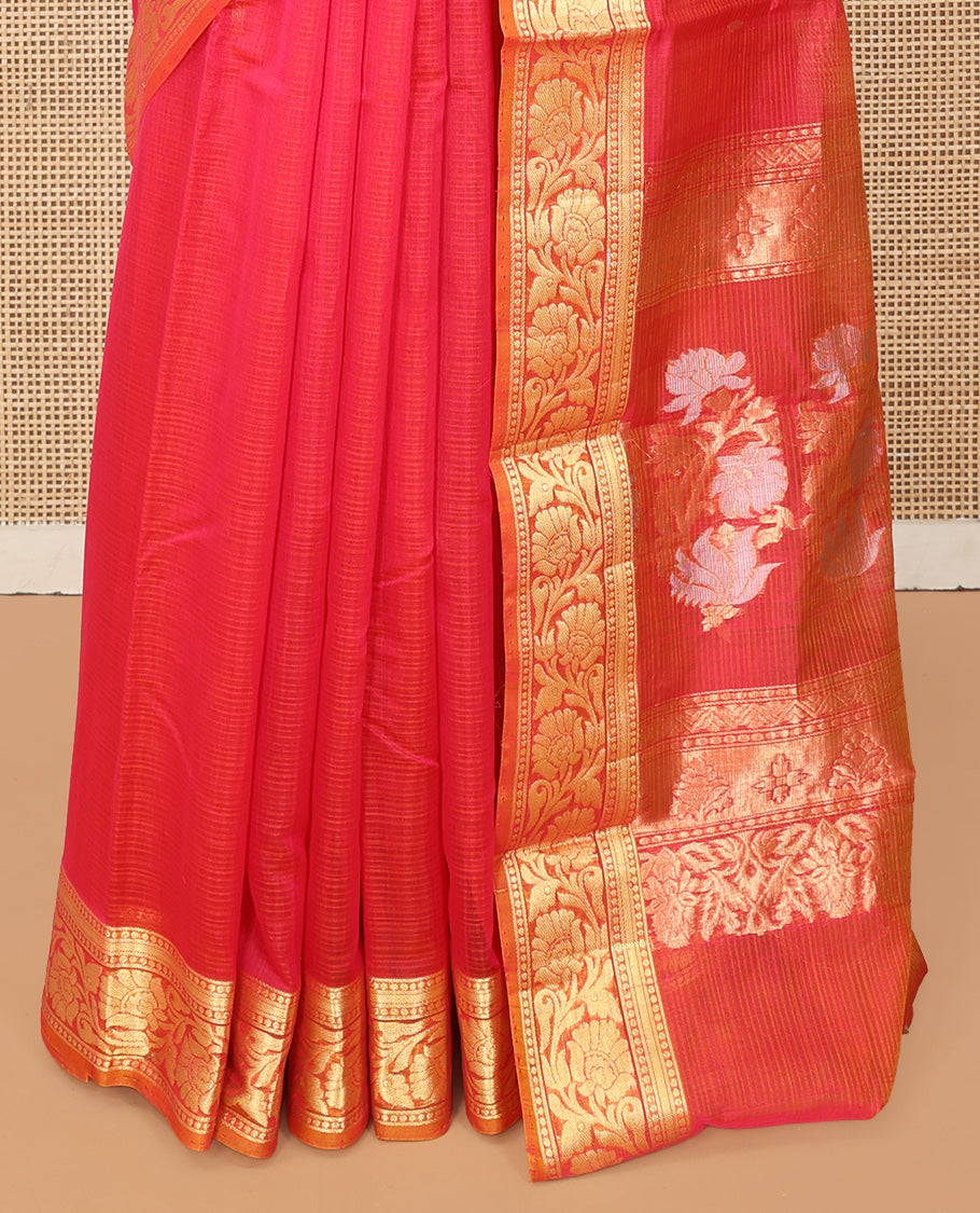 Reddish Pink Silk Cotton Saree, Detailed with Zari Buttas and Stripes, a Contrast Floral Creeper Border, Floral Design Pallu, and a Matching Blouse