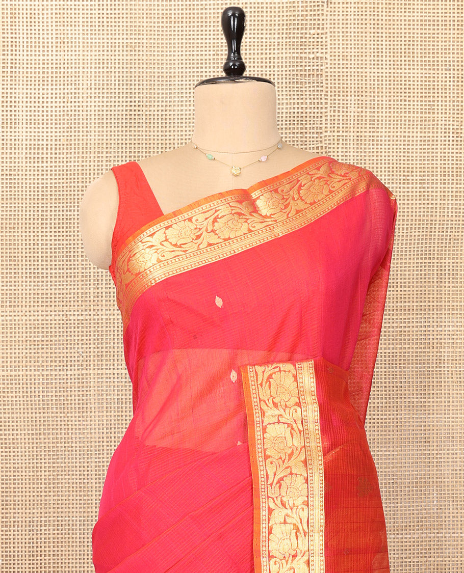 Reddish Pink Silk Cotton Saree, Detailed with Zari Buttas and Stripes, a Contrast Floral Creeper Border, Floral Design Pallu, and a Matching Blouse