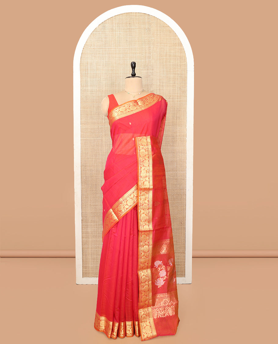 Reddish Pink Silk Cotton Saree, Detailed with Zari Buttas and Stripes, a Contrast Floral Creeper Border, Floral Design Pallu, and a Matching Blouse