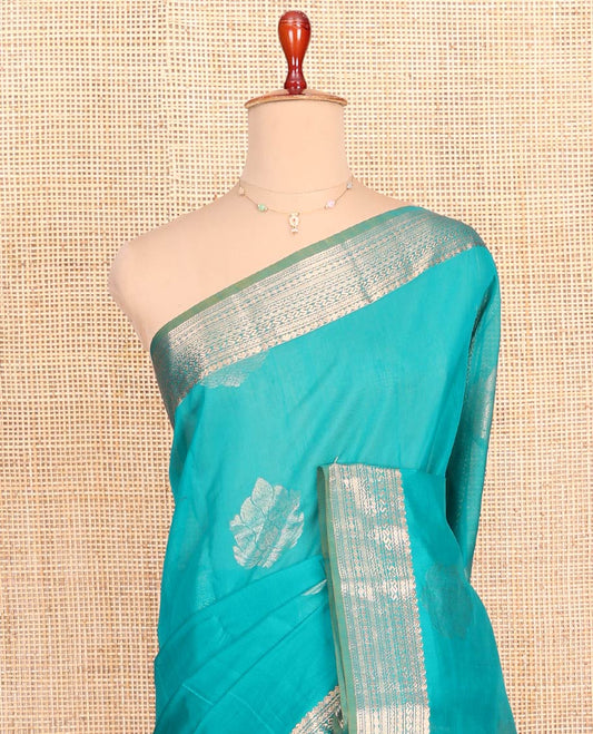 Blue Silk Cotton Saree, Bedecked with Zari Buttas All Over Its Body, Complemented by a Contrast Traditional Zari Design Border, Pallu Steeped with Geometric Designs, and Paired with a Contrast Blouse