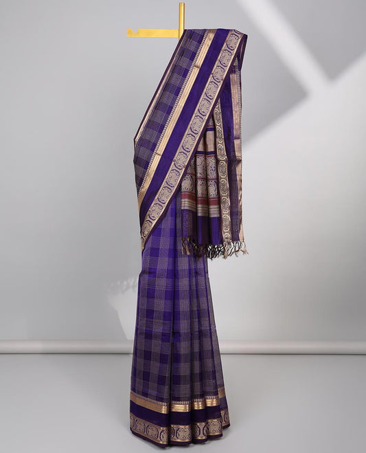 Violet checked cotton silk saree with self zari design border & intricate zari design pallu