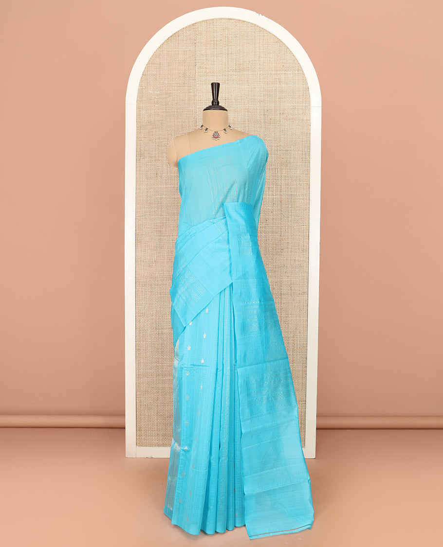 Borderless Blue Silk Cotton Saree Subtly Sparkled with Zari Stripes All Over the Body, Sparsely Woven Pallu of Zari Stripes, and Paired with a Matching Blouse