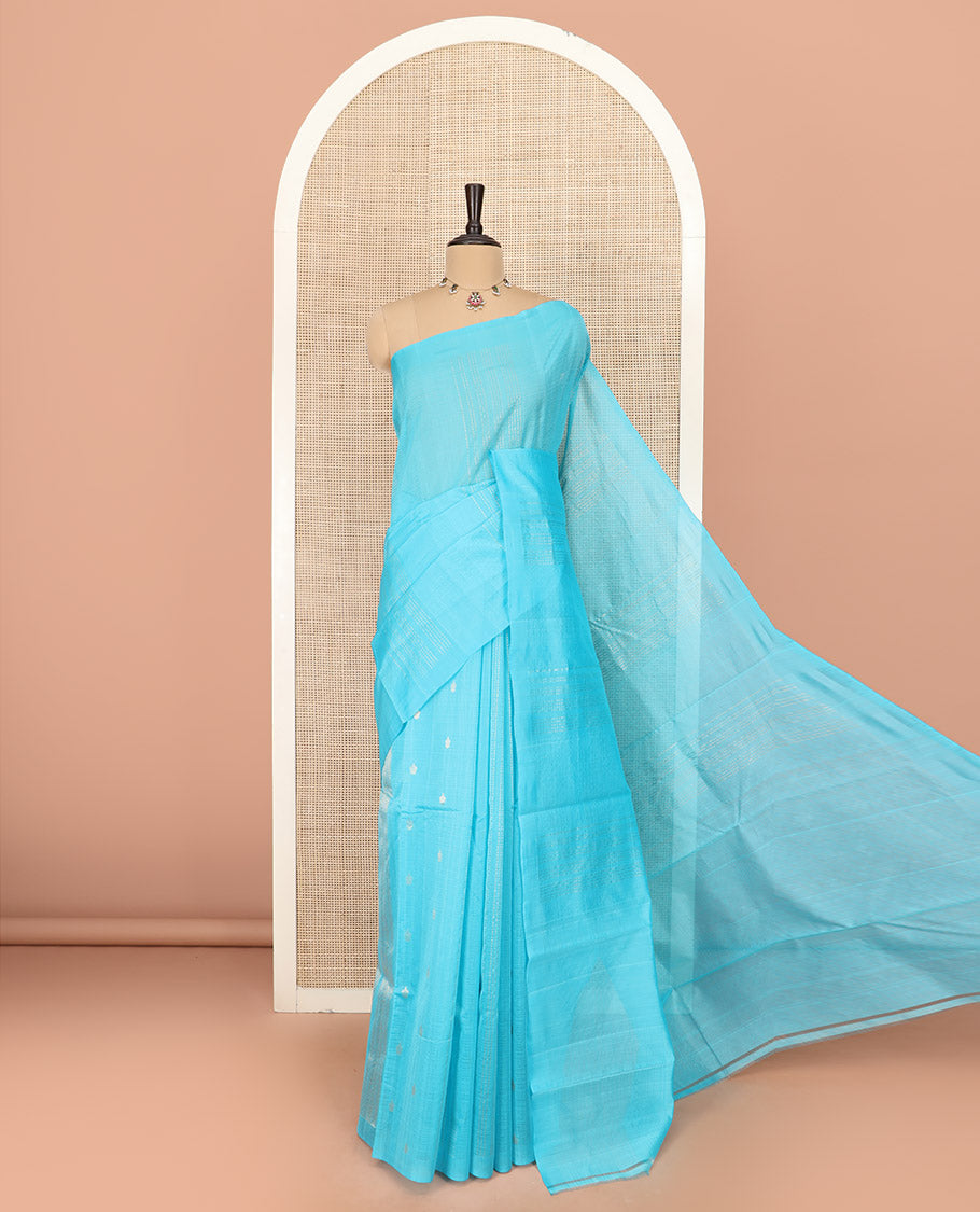 Borderless Blue Silk Cotton Saree Subtly Sparkled with Zari Stripes All Over the Body, Sparsely Woven Pallu of Zari Stripes, and Paired with a Matching Blouse