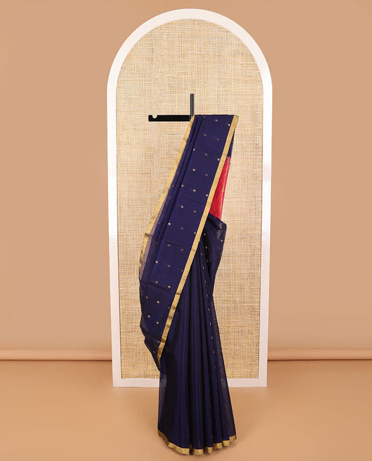 Blue geometric design silk cotton saree with self zari border & intricate zari design pallu