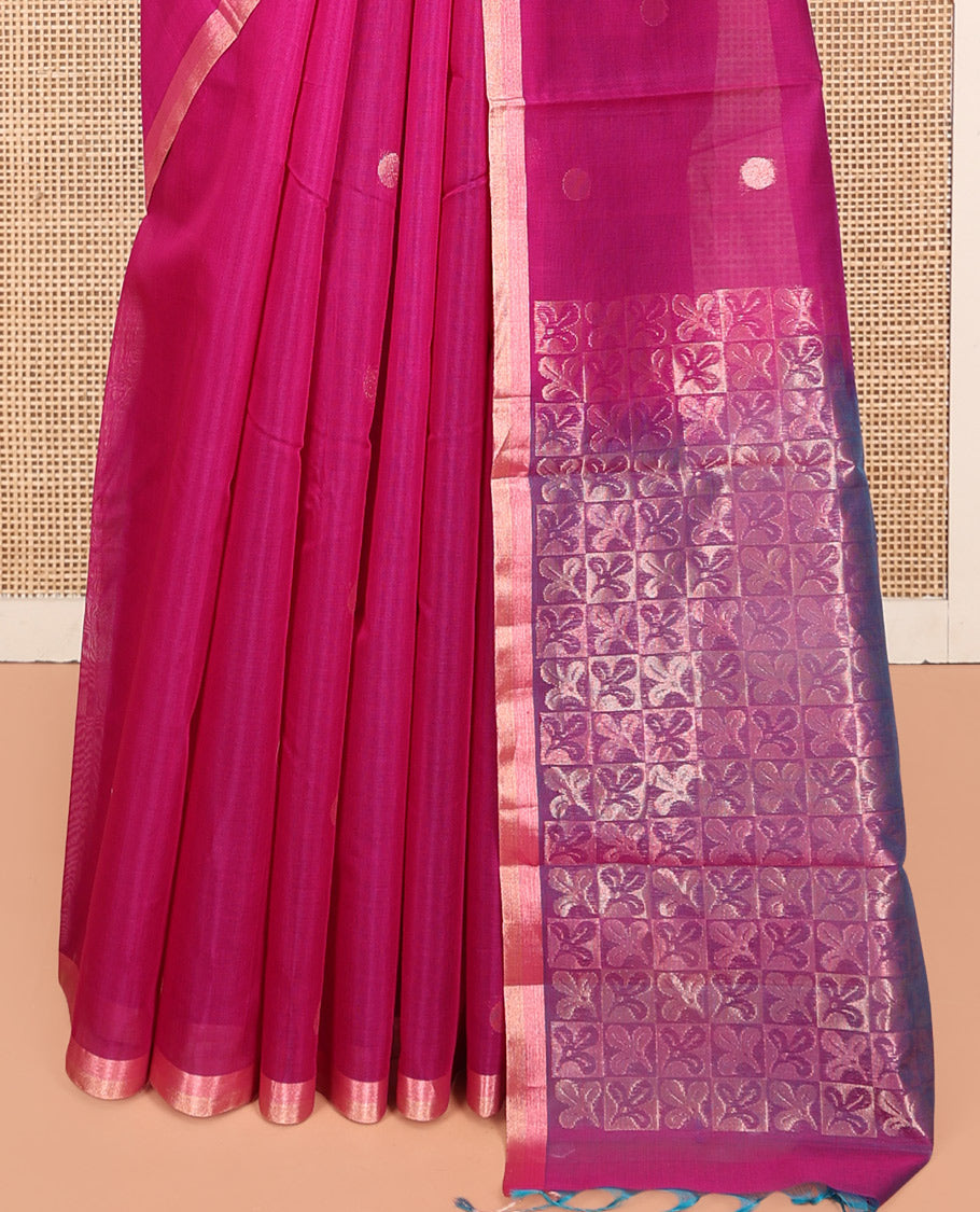 Pink Silk Cotton Saree, Woven with Polka-Dot Buttas, Highlighted by Zari Piping Border, Intricately Zari  Woven Pallu, and a Matching Blouse