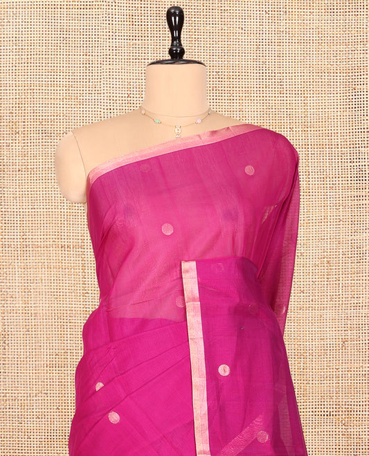 Pink Silk Cotton Saree, Woven with Polka-Dot Buttas, Highlighted by Zari Piping Border, Intricately Zari  Woven Pallu, and a Matching Blouse