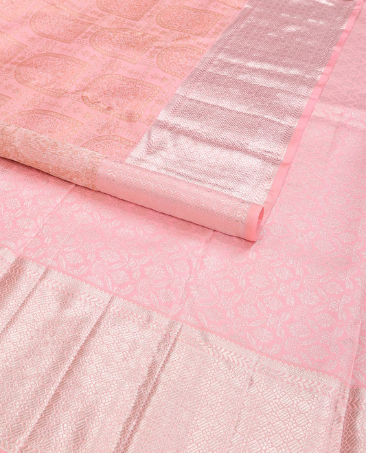 Pink jacquard silk saree, zari enriched geometric border & intricately designed pallu
