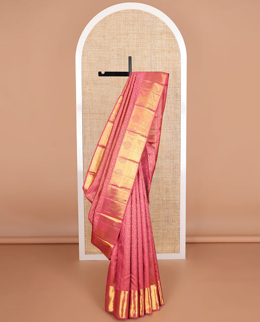 Pink floral jacquard silk saree with self border of muthu, banaras design & zari design pallu