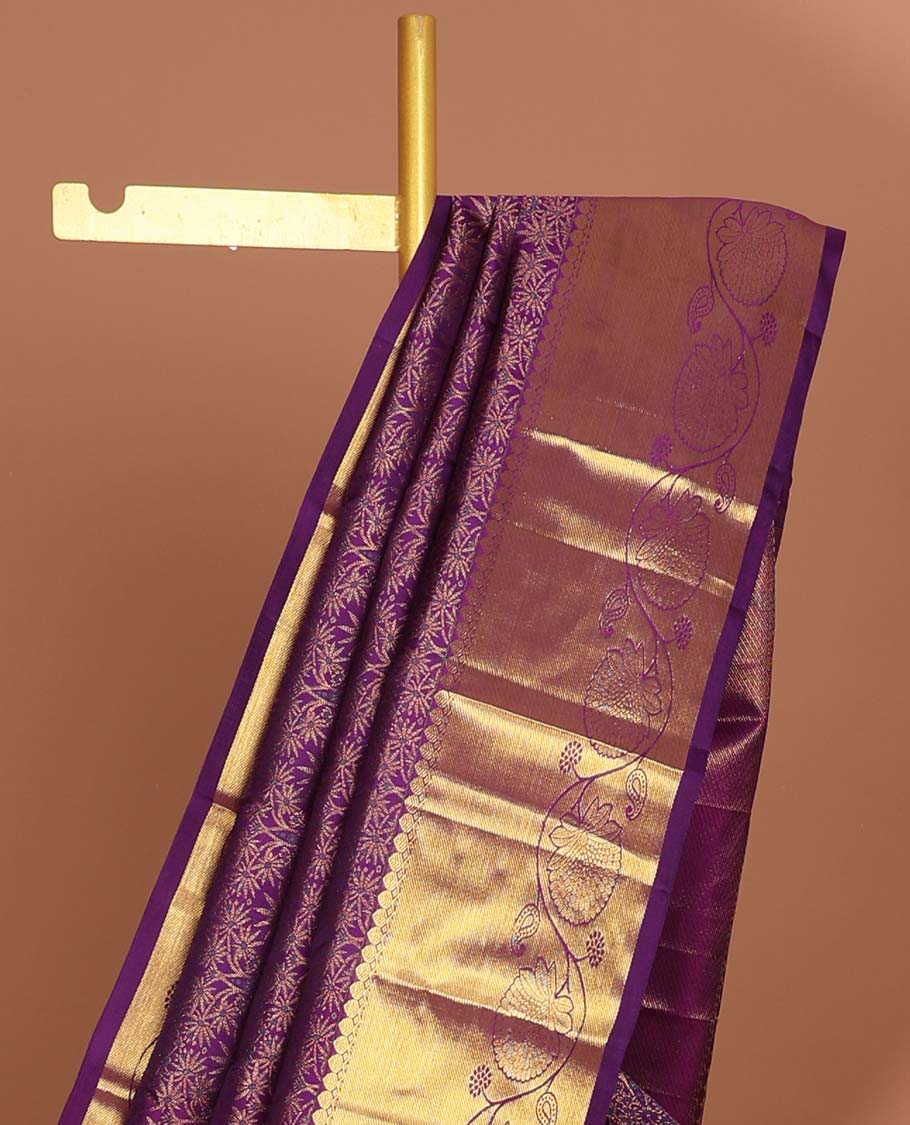 Purple floral design silk saree with self border of thilakam mokku, kodi visiry design & floral , argyle design pallu