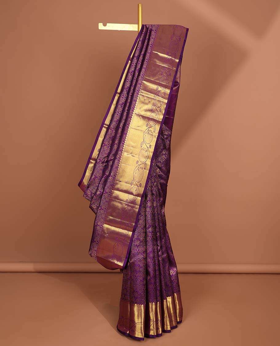 Purple floral design silk saree with self border of thilakam mokku, kodi visiry design & floral , argyle design pallu