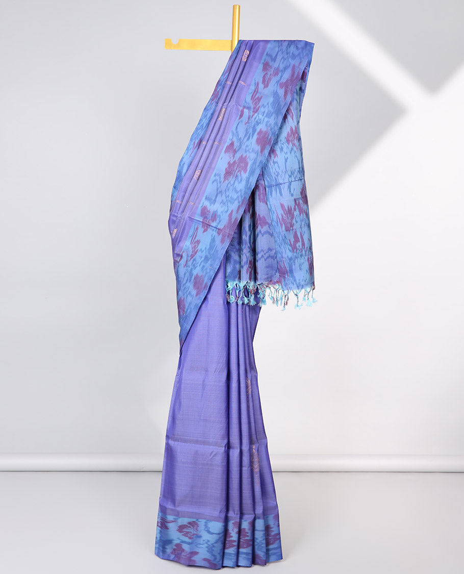 Violet floral motifs semi-soft silk saree with contrast border & floral vine design pallu