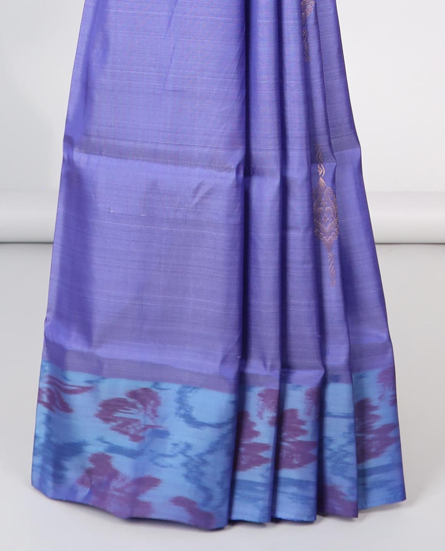 Violet floral motifs semi-soft silk saree with contrast border & floral vine design pallu