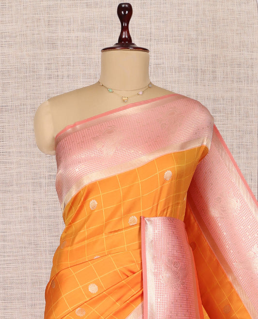 Orange Fancy Soft Silk Saree, Delicately Woven with Zari Butta Enclosed Checks, Complemented by Contrast Zari Border, Grand Pallu, and a Contrast Blouse