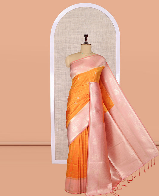 Orange Fancy Soft Silk Saree, Delicately Woven with Zari Butta Enclosed Checks, Complemented by Contrast Zari Border, Grand Pallu, and a Contrast Blouse