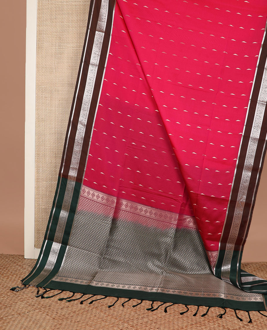 Red zari buttas soft silk saree, contrast traditional design zari rettai pettu border, and jaal pallu