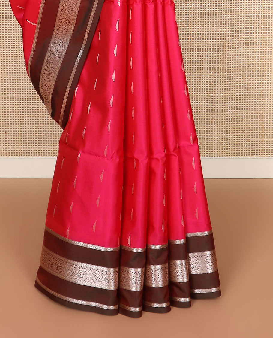 Red zari buttas soft silk saree, contrast traditional design zari rettai pettu border, and jaal pallu
