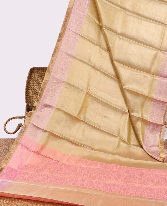Yellow semi-banaras tissue silk saree with  contrast zari, fringe border & pallu of intricate design