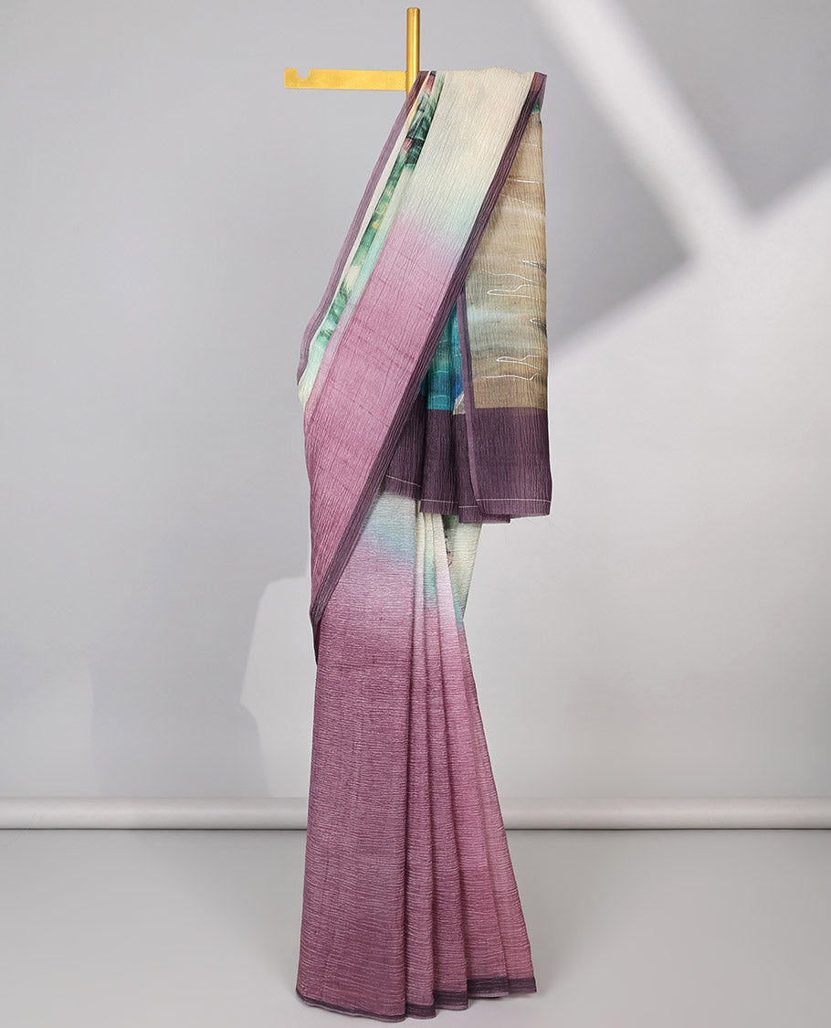 multi-color lake house design printed crush tissue saree with contrast palin border