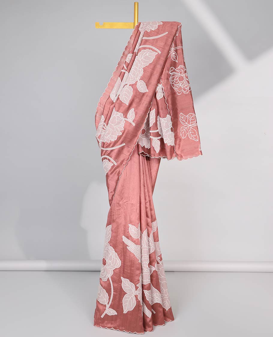 Red floral design semi-tussar saree with scallop border