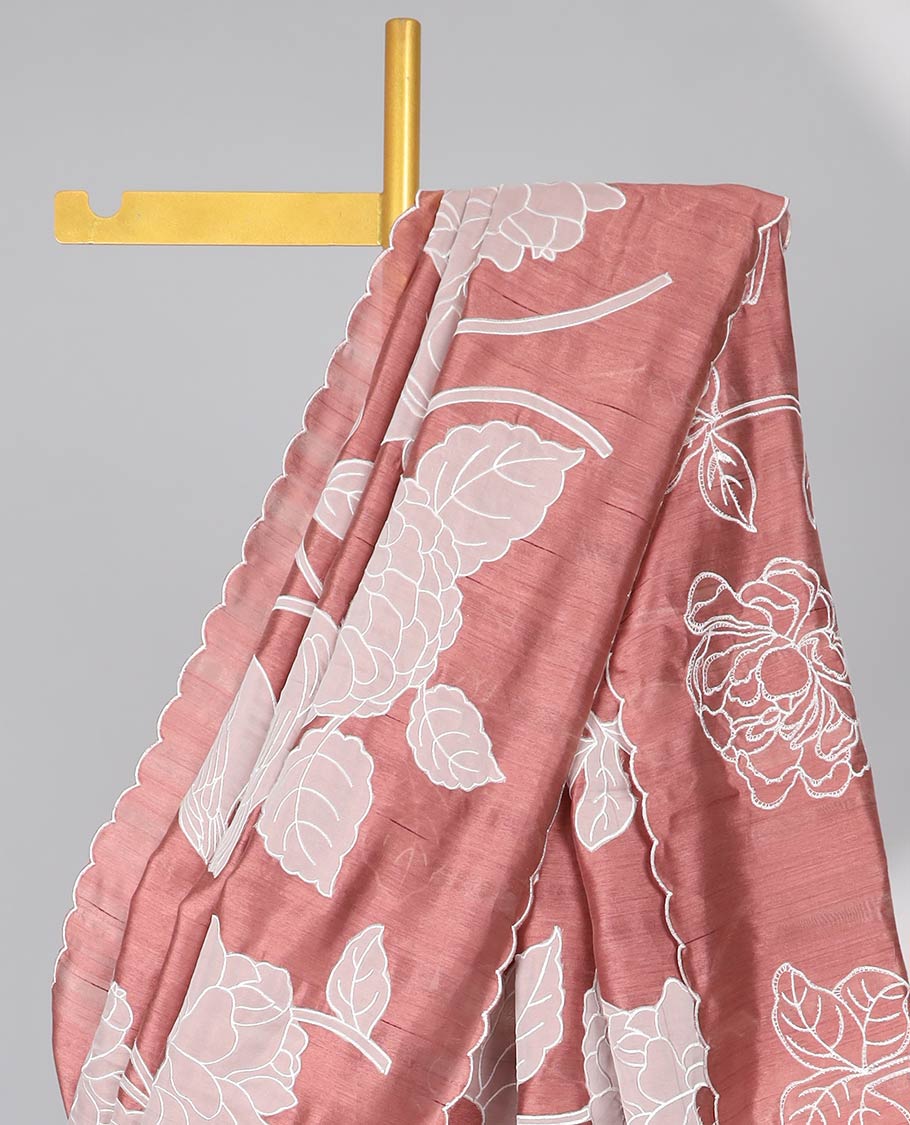 Red floral design semi-tussar saree with scallop border