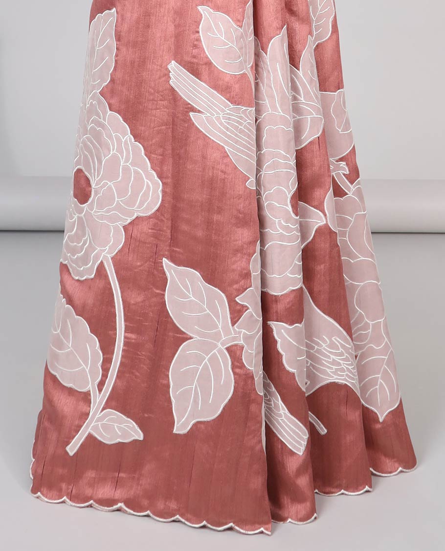 Red floral design semi-tussar saree with scallop border