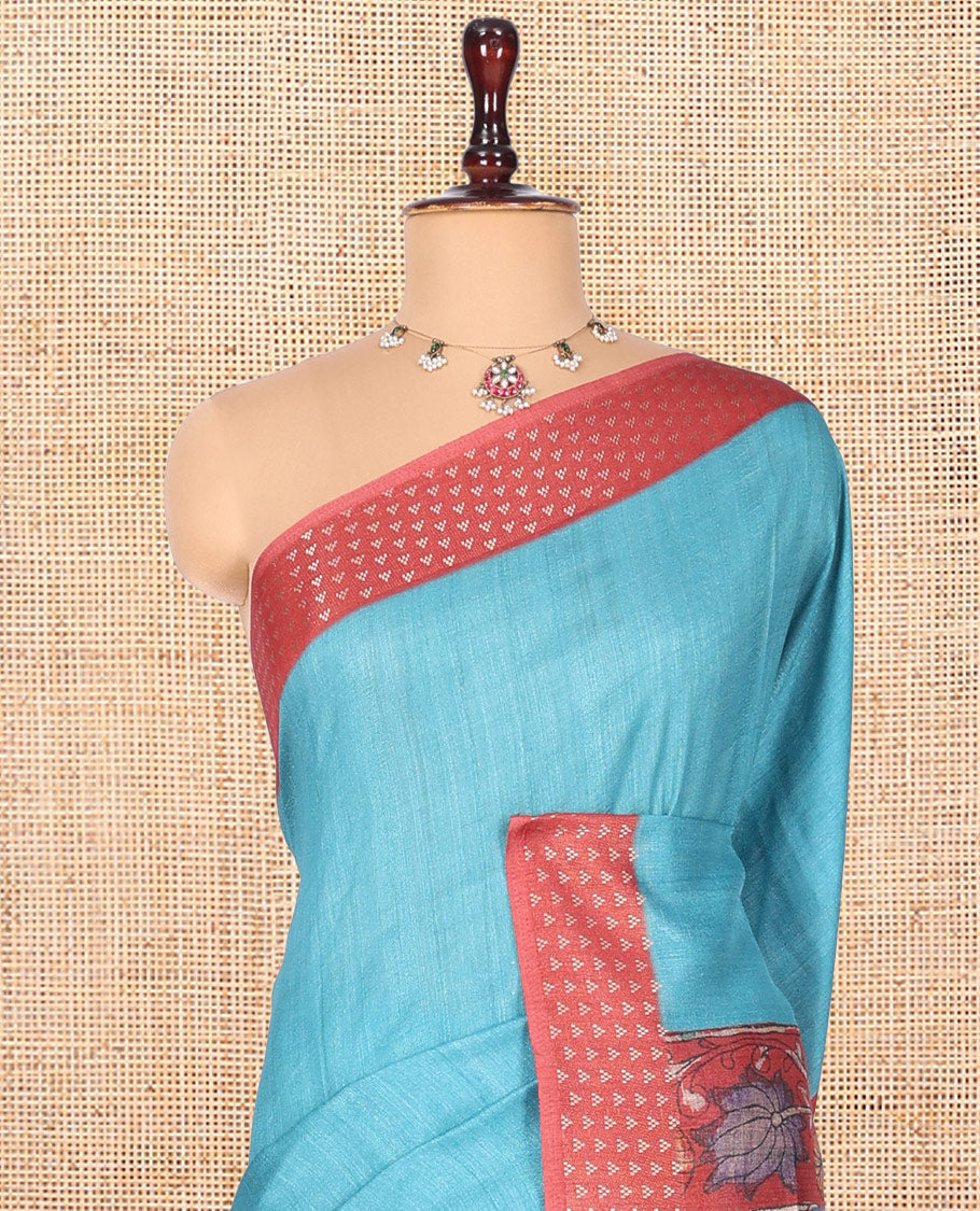 Blue Plain Fancy Tussar Silk Saree, Contrast Triangle Motif Border, Pallu of Kalamkari Peacock Motifs, and Contrast Kalamkari Printed Blouse